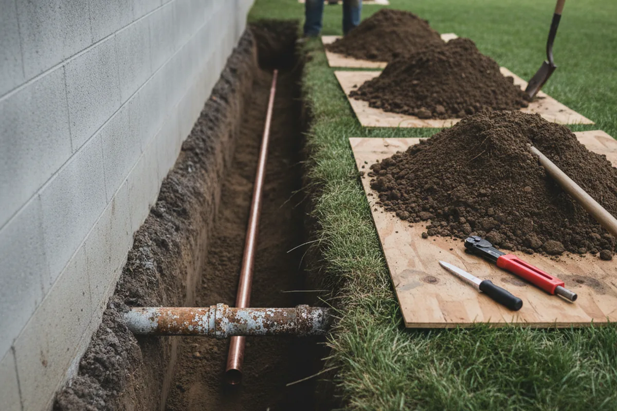 Excavated water line trench during Water Heater Repair in Berlin